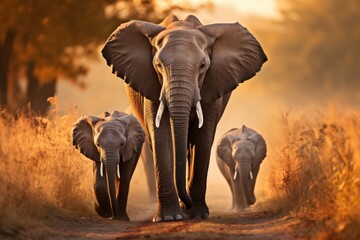 Beautiful herd of elephants walking across a dry grass field during stunning sunset