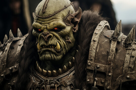 AI generated image of an ugly scary horrible orc ogre with medieval armor