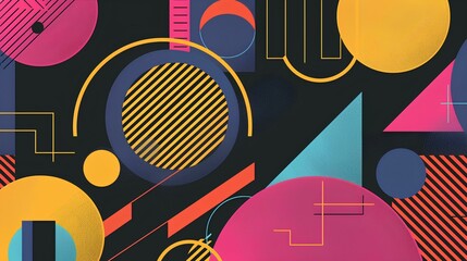 Colorful abstract geometric with triangle, circle, dot and lines on a dark background, in the style of pop art cartoon, minimalist linework,  Futuristic technology style.