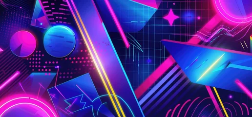 Deurstickers Abstract colorful geometric. Holographic gradients VR polygonal shapes, cyberspace art and futuristic 80s memphis poster. © Suwanlee