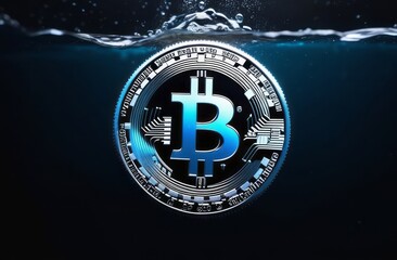 Dark, night abstract fantasy landscape, bitcoin and lightning. Underwater shooting, Bitcoin ETF coin with yellow lightning with space for text on a background. Reflection of BTC in water, sea, ocean