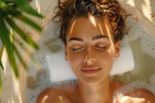 Woman relaxing in a bubble bath with plant shadows on her face. Self-care and relaxation concept. Close-up with natural lighting - Powered by Adobe