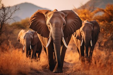 A group of majestic elephants walking gracefully across a serene dry grass field at sunset - obrazy, fototapety, plakaty