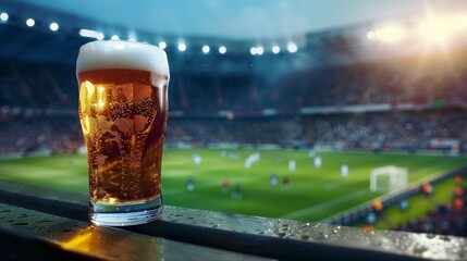glass of beer with foam in a football stadium with the field with players and the stands with people cheering, supporting - obrazy, fototapety, plakaty