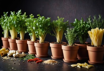 row of recyclable plant pots each containing a different type of fresh herb, surrounded by whole spices and pasta shapes.