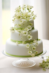 Elegant wedding cake adorned with lime green fondant and floral details сreated with Generative Ai