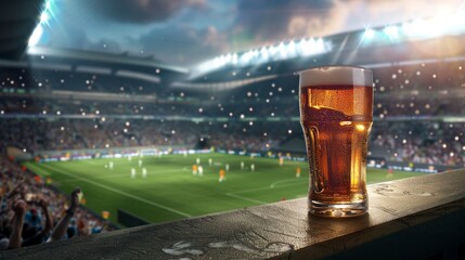 glass cup of beer with foam in a football stadium with the field with players and the stands with people in the background - obrazy, fototapety, plakaty
