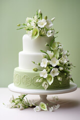Fototapeta na wymiar Elegant wedding cake adorned with lime green fondant and floral details сreated with Generative Ai
