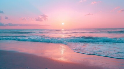 Sunset pink and ocean blue, relaxing beach sunset, serene seashore ambiance, calm coastal breeze, gentle waves lapping, tranquil seaside moment, peaceful ocean view, warm sand