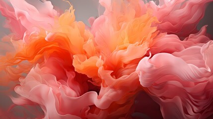 Coral pink and fiery orange liquids clash, producing a mesmerizing burst of energy that paints the air with vibrant abstract patterns. HD camera captures the intense collision with precision