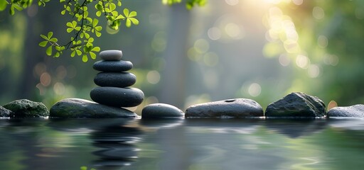 Zen Stones in Tranquil Forest Water Setting