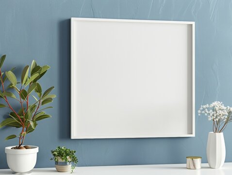 square photo frame on the grey-blue wall mockup, white canvas