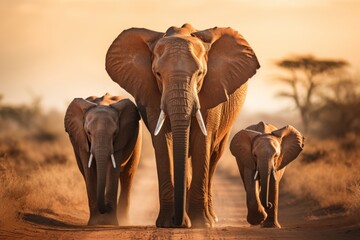 Group of majestic elephants walking in the african savannah on a wildlife safari adventure
