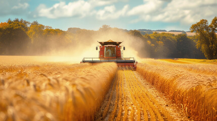 Fototapeta premium A combine harvester reaping a bountiful wheat field, efficiently harvesting crops and ushering in the season's yield.