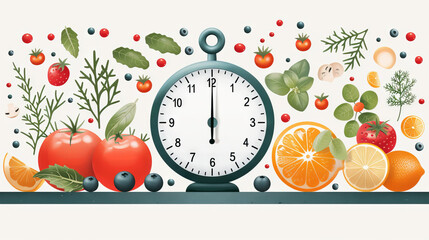 Vegetables and fruits with a clock. Concept: diets, weight loss and calorie calculations. Eating for excess weight, intermittent fasting