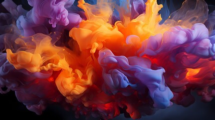 Cosmic purple and radiant yellow liquids clash, producing a mesmerizing burst of energy that paints the air with vibrant abstract patterns. HD camera captures the intense collision with precision