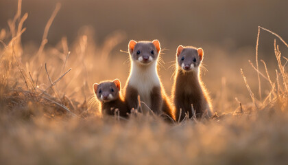 Photo of weasel's family at sunrise, wild photography