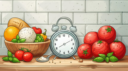 Vegetables and fruits with a clock. Concept: diets, weight loss and calorie calculations. Eating for excess weight, intermittent fasting - obrazy, fototapety, plakaty