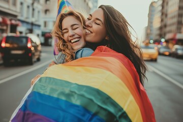 Zwei verliebte und glückliche Frauen mit einer Regenbogenfahne  - obrazy, fototapety, plakaty