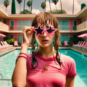 Young woman wearing star-shaped sunglasses in front of a hotel pool