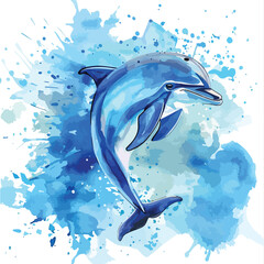 Watercolor dolphin blue sea. Hand drawn.