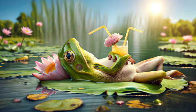 A frog lounging on a lily pad with a glass of juice, using a smaller lily pad as a float, with the sun shining in the background. AI-generated.