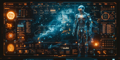 A cybernetic implant user interface, where a multitude of sci-fi HUD elements converge within a single frame - obrazy, fototapety, plakaty