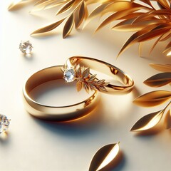 golden wedding rings on white background