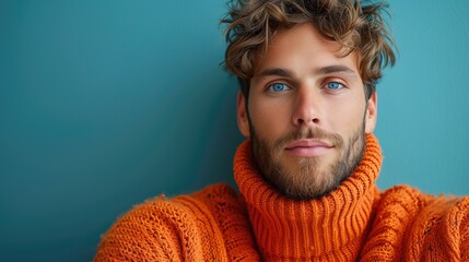 Vibrant Winter Fashion: Orange Sweater, Blue Wall, Cozy, Warm, Style, Woolen, Knitwear, Trendy, Modern, Comfortable