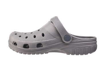 Gray rubber slippers on a white background.