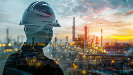 Double exposure of a hardhat and an industrial landscape at dusk. - obrazy, fototapety, plakaty