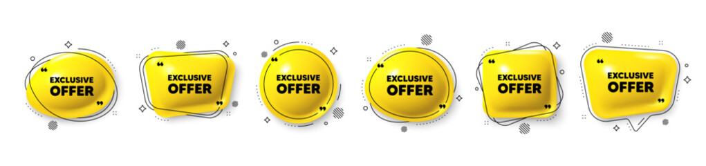 Obraz premium Exclusive offer tag. Speech bubble 3d icons set. Sale price sign. Advertising discounts symbol. Exclusive offer chat talk message. Speech bubble banners with comma. Text balloons. Vector
