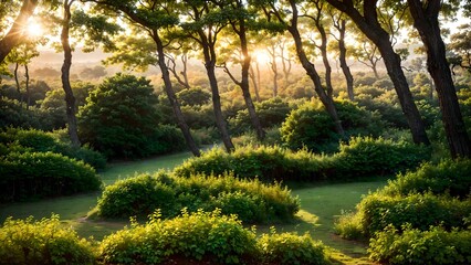 Fototapeta premium Forest with sunlight shining through the trees