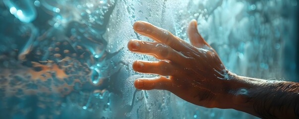 Fototapeta premium Extreme closeup of hand using cloth on glass surface realistic detail. Concept Macro Photography, Glass Cleaning, Hand Detail, Realism, Texture Focus
