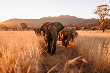 Beautiful sunset scene with a group of elephants walking through dry grass field