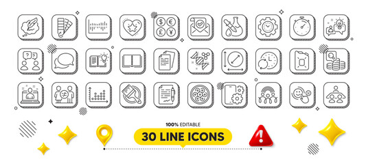 Money currency, Phone service and Chemistry dna line icons pack. 3d design elements. Timer, Teamwork questions, Cable section web icon. Book, Documents, Circle area pictogram. Vector