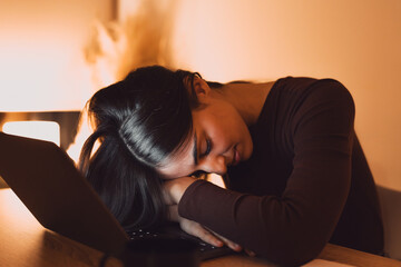 Tired teen girl caucasian university student fall asleep exhausted after difficult learn exam test,...