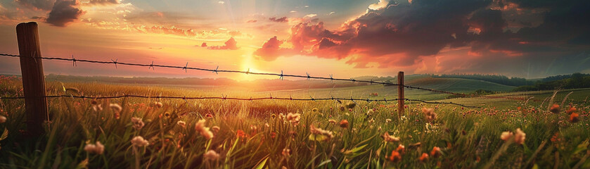 A tranquil meadow under a breathtaking sunset barbed wire marks the land highlighting the need for environmental mindfulness - obrazy, fototapety, plakaty