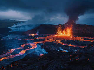 Captivating view of a volcano erupting at night dark tones and bright lava contrasting against the shadowy landscape
