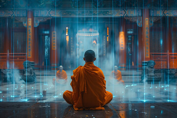 A monk in orange robes meditates among holographic Buddha figures in a serene temple setting