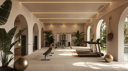 Modern luxury gym room with rounded arch and nature