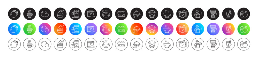 Juice, Restaurant food and Vegetarian food line icons. Round icon gradient buttons. Pack of Tea mug, Burger, Market icon. Popcorn, Frappe, Coffee pictogram. Cafe creme, Frying pan, Acorn. Vector
