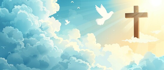 Weiße Tauben fliegen zu einem Kreuz im Himmel  - obrazy, fototapety, plakaty
