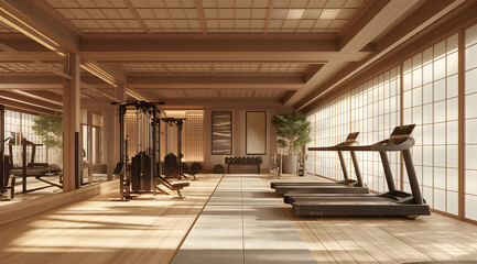Japanese minimalist gym room with wooden detailing and plants