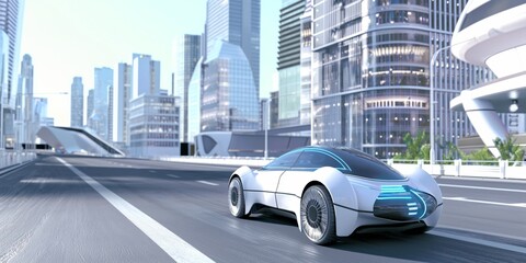Futuristic AI powered self driving car in an urban city scene