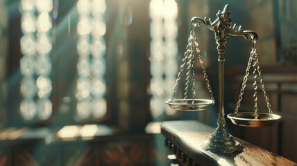 Golden scales of justice bask in the sunlight inside a courtroom.