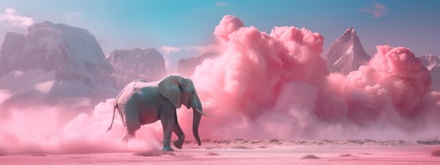 An elephant running on pastel pink background in smoke around mountains