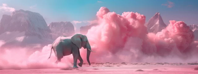 Photo sur Plexiglas Kilimandjaro An elephant running on pastel pink background in smoke around mountains