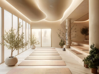 Modern luxury boutique fitness studio for yoga and pilates with plants