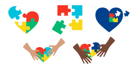 Autistic Pride Day colorful icons set. World Autism Month, signs and symbols from puzzles. Collection vector illustration - Autism spectrum disorder elements. Autistic awareness set, jigsaw puzzles.